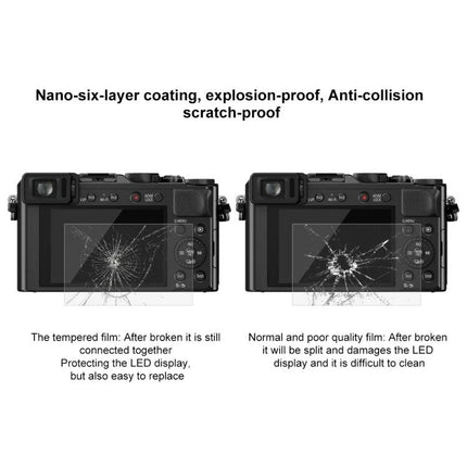 PULUZ Tempered Glass Screen Protector for Panasonic Cameras showing broken vs intact tempered film on camera LCD, nano-six-layer coating protection