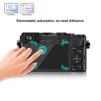 PULUZ Tempered Glass Screen Protector for Panasonic Cameras installed on camera LCD showing touch use and electrostatic adhesion