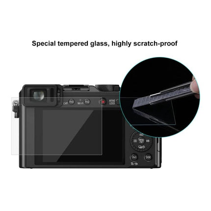 PULUZ Tempered Glass Screen Protector for Panasonic Cameras shown protecting a camera LCD from scratches and fingerprints