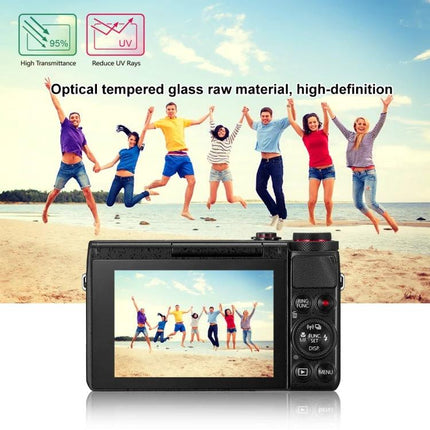 PULUZ Tempered Glass Screen Protector for Canon G7X Cameras showing camera LCD displaying group on beach, anti-scratch, high-transmittance protector