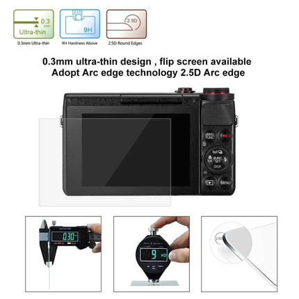 PULUZ Tempered Glass Screen Protector for Canon G7X Cameras showing ultra-thin 0.3mm protector on camera LCD with rounded 2.5D edges