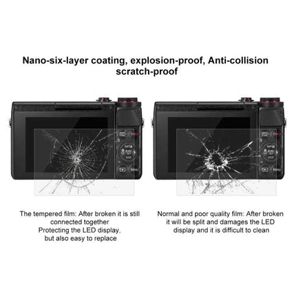 PULUZ Tempered Glass Screen Protector for Canon G7X Cameras showing tempered film vs poor film impact resistance on camera LCD