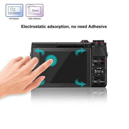 PULUZ Tempered Glass Screen Protector for Canon G7X Cameras applied to camera LCD showing touch responsiveness and no-bubble installation