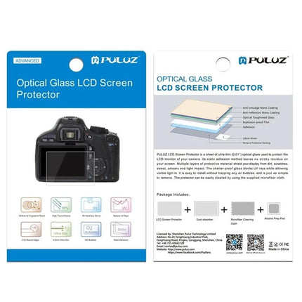 PULUZ Tempered Glass Screen Protector for Fujifilm X-A3 Camera packaging front and back showing optical glass LCD protector and installation diagram