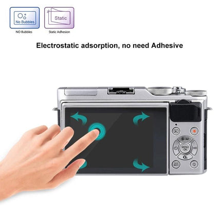 PULUZ Tempered Glass Screen Protector for Fujifilm X-A3 Camera showing finger touch, electrostatic adhesion, no bubbles, protects LCD from scratches and smudges