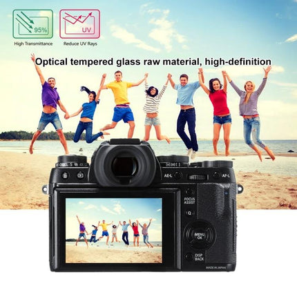 Tempered Glass Screen Protector for Fujifilm X-T2 and Models shown on X-T2 back display protecting beach group photo