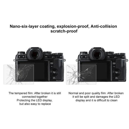 Tempered Glass Screen Protector for Fujifilm X-T2 and Models showing cracked vs intact tempered film protecting camera LCD display