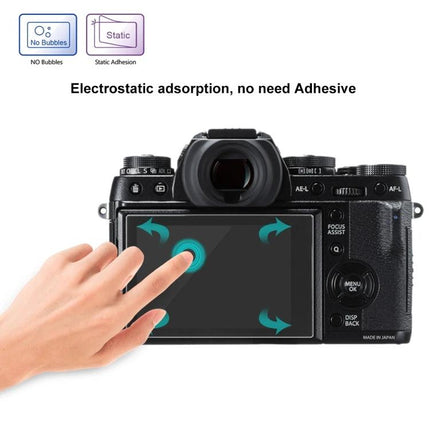 Tempered Glass Screen Protector for Fujifilm X-T2 and Models on camera LCD showing touch-friendly, anti-scratch, dust-proof protection