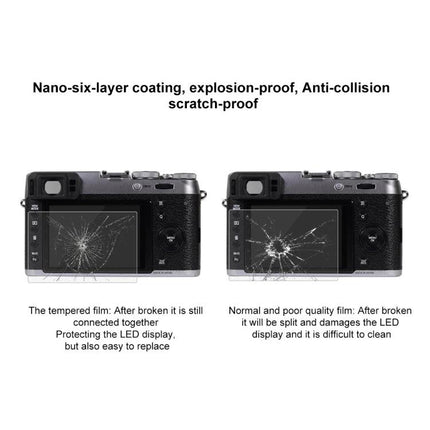 PULUZ Tempered Glass Screen Protector for Fujifilm X100T showing tempered film vs normal film protecting camera LCD from cracks and scratches