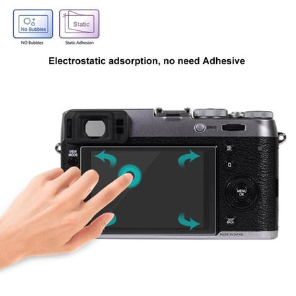 PULUZ Tempered Glass Screen Protector for Fujifilm X100T shown on camera touchscreen demonstrating touch sensitivity and anti-scratch protection