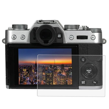 PULUZ Tempered Glass Screen Protector for Fujifilm Cameras on camera LCD showing cityscape, 9H hardness clear shield
