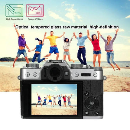 PULUZ Tempered Glass Screen Protector for Fujifilm Cameras on camera displaying group on beach, 9H hardness, anti-scratch, anti-fingerprint