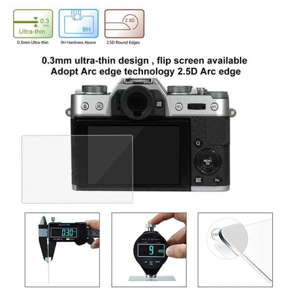 PULUZ Tempered Glass Screen Protector for Fujifilm Cameras showing 0.3mm ultra-thin protector on camera LCD with 9H hardness and 2.5D arc edges
