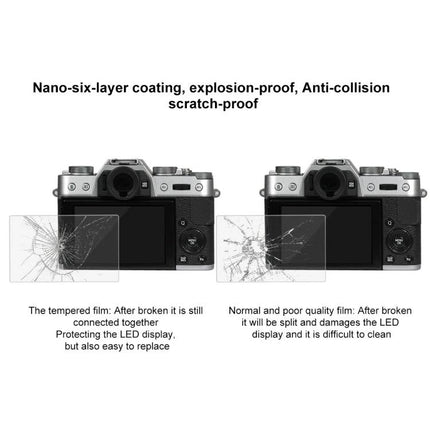 PULUZ Tempered Glass Screen Protector for Fujifilm Cameras showing cracked vs intact tempered film protecting camera LCD, 9H hardness