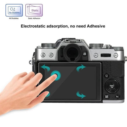 PULUZ Tempered Glass Screen Protector for Fujifilm Cameras showing finger touch on camera LCD with electrostatic no-adhesive installation