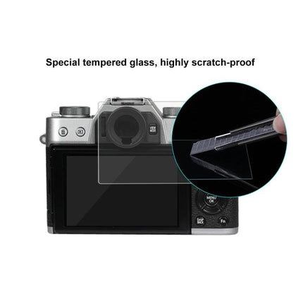 PULUZ Tempered Glass Screen Protector for Fujifilm Cameras installed on mirrorless camera LCD, showing scratch-proof 9H hardness protection