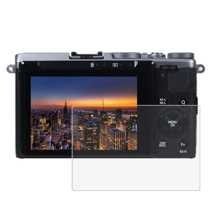 PULUZ Tempered Glass Screen Protector for Fujifilm X-70 Camera shown applied to X-70 LCD to prevent scratches, dust and fingerprints, 9H hardness