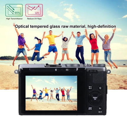 PULUZ Tempered Glass Screen Protector for Fujifilm X-70 Camera on camera showing beach group photo, protects LCD from scratches dust and fingerprints