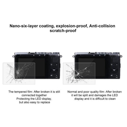 PULUZ Tempered Glass Screen Protector for Fujifilm X-70 Camera showing nano-six-layer coating and shatter comparison protecting LCD from scratches and impact
