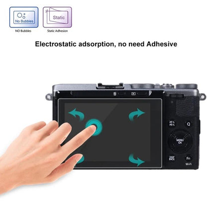 PULUZ Tempered Glass Screen Protector for Fujifilm X-70 Camera showing touch gestures and electrostatic no-adhesive installation