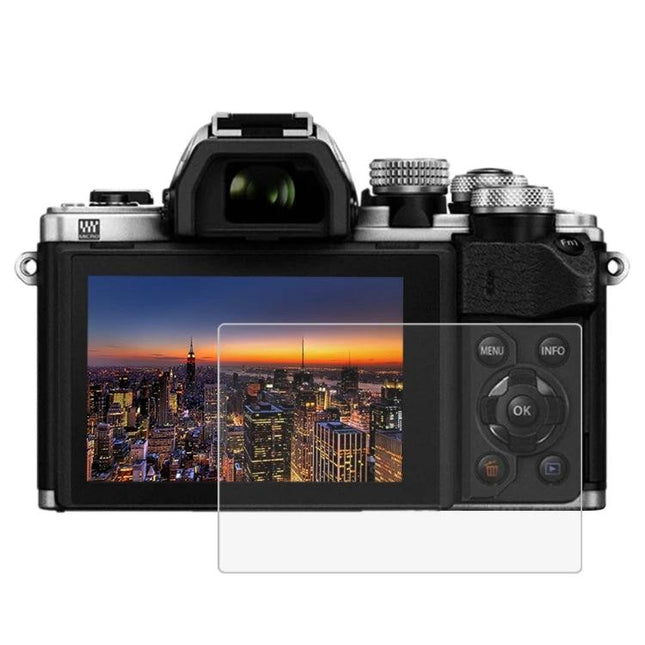 Puluz 9H Tempered Glass Screen Protector for Olympus and Fujifilm Cameras shown on camera LCD protecting against scratches and fingerprints