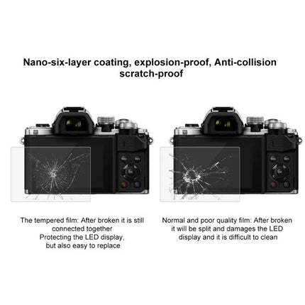 Puluz 9H Tempered Glass Screen Protector for Olympus and Fujifilm Cameras showing tempered film vs poor quality film protecting camera LCD from cracks