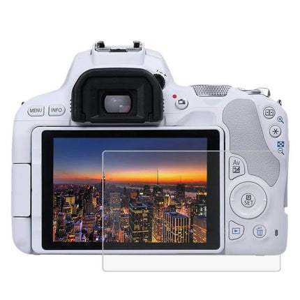 PULUZ Tempered Glass Screen Protector for Canon EOS 200D Cameras shown on camera LCD protecting screen during cityscape shooting