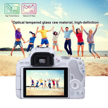 PULUZ Tempered Glass Screen Protector for Canon EOS 200D Cameras showing camera rear LCD with beach group photo protected by tempered glass