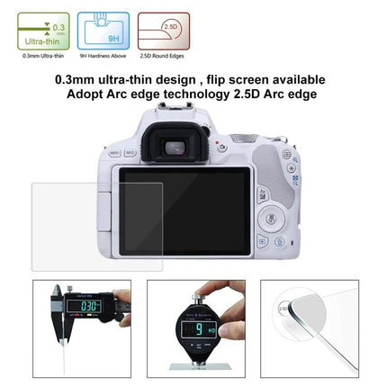 PULUZ Tempered Glass Screen Protector for Canon EOS 200D Cameras showing 0.3mm ultra-thin protector fitted on DSLR rear LCD with hardness and 2.5D arc edge icons