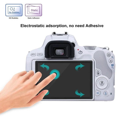 PULUZ Tempered Glass Screen Protector for Canon EOS 200D Cameras on camera rear LCD, showing touch-friendly electrostatic adhesion and anti-bubble installation