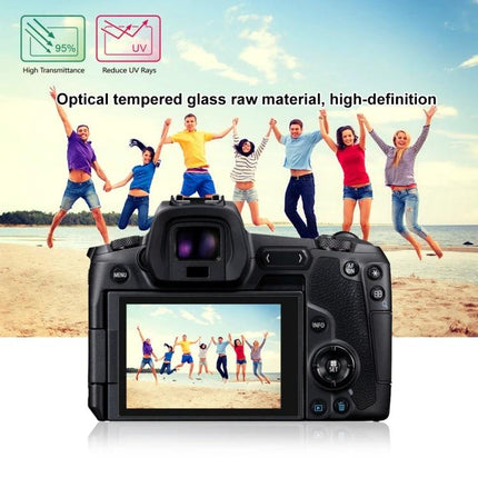PULUZ Tempered Glass Film for Protecting Canon EOS R Screens - clear tempered screen protector shown on Canon EOS R capturing beach group photo
