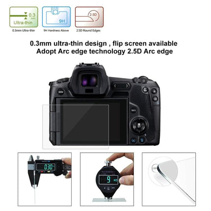 PULUZ Tempered Glass Film for Protecting Canon EOS R Screens showing 0.3mm ultra-thin protector on EOS R rear flip screen with hardness and rounded edge icons