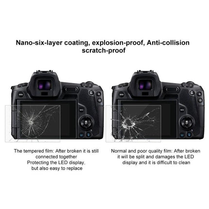 PULUZ Tempered Glass Film for Protecting Canon EOS R Screens showing tempered protector vs normal film on EOS R LCD preventing cracks and scratches