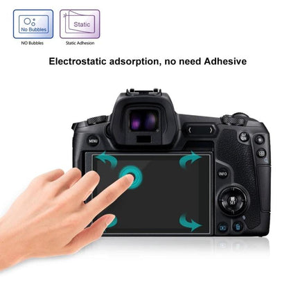 PULUZ Tempered Glass Film for Protecting Canon EOS R Screens showing touch interaction and static adhesion on camera rear display