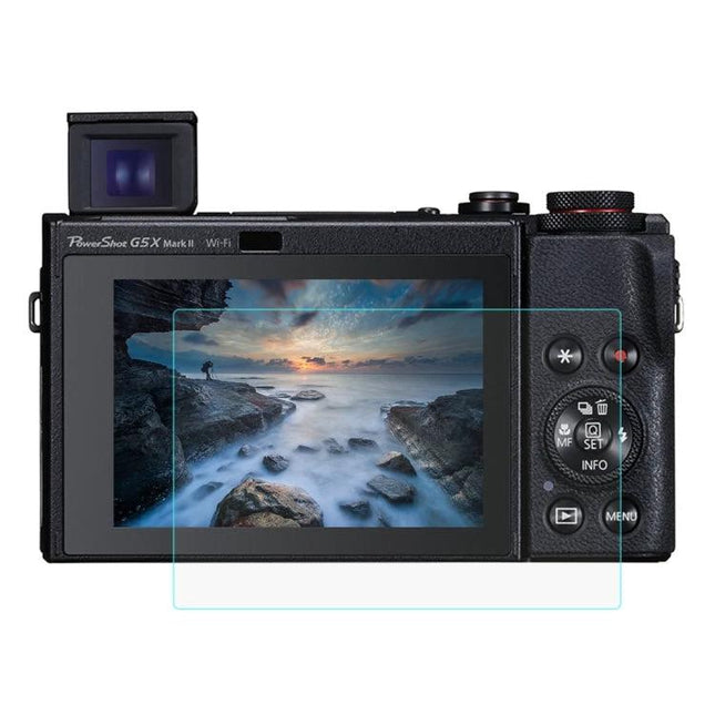 PULUZ Tempered Glass Screen Protector for Canon PowerShot G5 X Mark II installed on camera LCD to protect against scratches dust and fingerprints