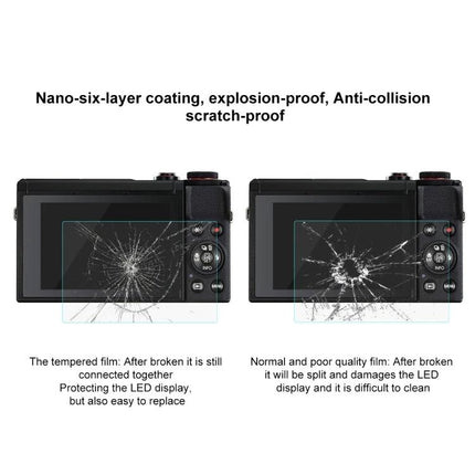 PULUZ Tempered Glass Screen Protector for Canon Cameras showing cracked tempered film vs poor film protecting LCD and anti-scratch nano-six-layer coating