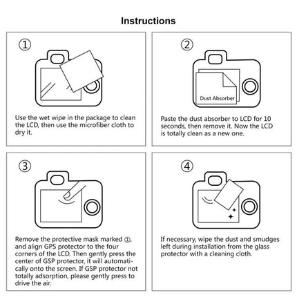 PULUZ 9H Tempered Glass Screen Protector for Digital Cameras - instructional diagram showing cleaning, dust absorber, alignment, and final wipe