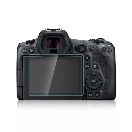 PULUZ Tempered Glass Screen Protector for Canon EOS R5 installed on camera LCD, anti-scratch dust-smudge protection