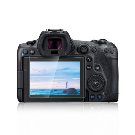 PULUZ Tempered Glass Screen Protector for Canon EOS R5 installed on camera LCD to guard against scratches, dust and smudges