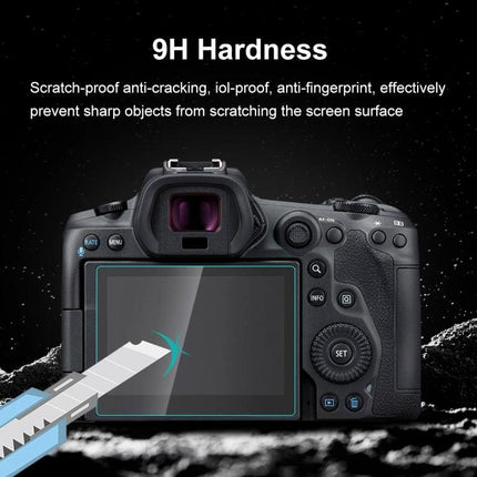 PULUZ Tempered Glass Screen Protector for Canon EOS R5 shown protecting camera LCD from scratches and fingerprints with 9H hardness