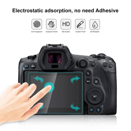 PULUZ Tempered Glass Screen Protector for Canon EOS R5 shown applied to camera LCD with touch interaction and protective icons