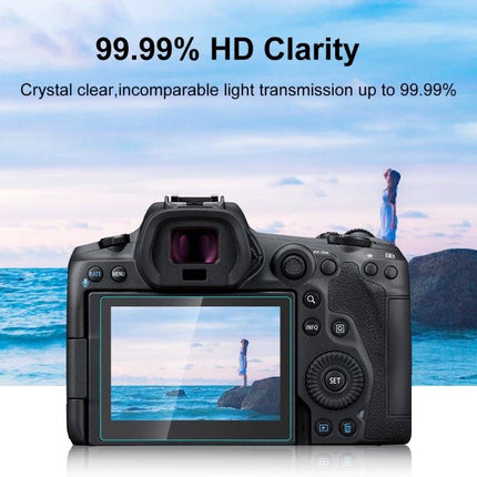 PULUZ Tempered Glass Screen Protector for Canon EOS R5 shown on camera rear LCD demonstrating 99.99% HD clarity and scratch protection