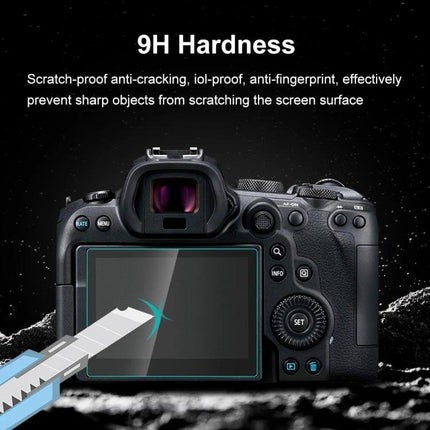 PULUZ Tempered Glass Screen Protector for Canon EOS R6 Camera on EOS R6 showing 9H scratch resistance and dust protection