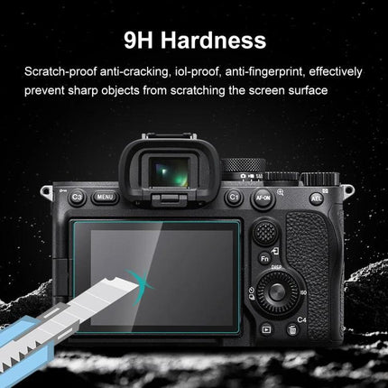 PULUZ Tempered Glass Screen Protector for Sony Alpha 7 IV Camera on camera LCD showing scratch resistance demo