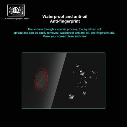 PULUZ Tempered Glass Screen Protector for Sony Alpha 7 IV Camera showing waterproof, anti-oil and anti-fingerprint protection with water droplets and clean screen