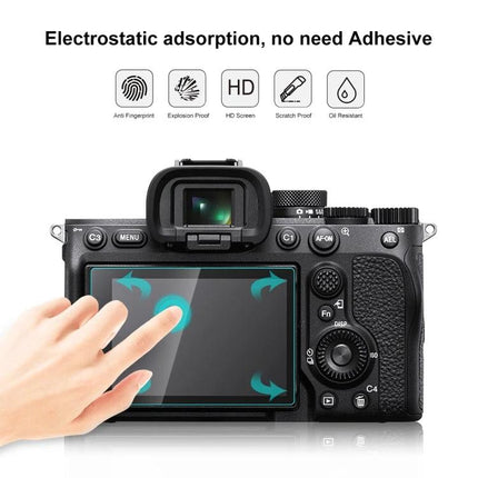 PULUZ Tempered Glass Screen Protector for Sony Alpha 7 IV Camera clear tempered glass protector on camera LCD showing touch interaction