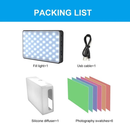 PULUZ LED Light for Daily Selfies and Beauty Routines - packing list showing fill light, USB cable, silicone diffuser and 6 photography swatches