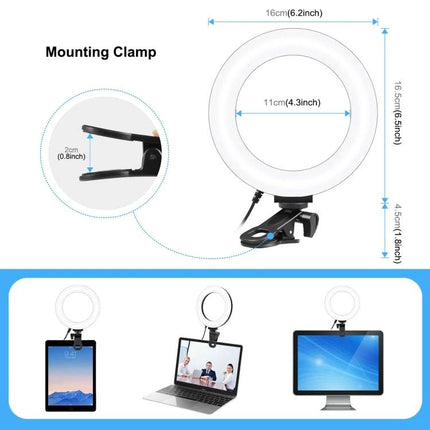 PULUZ Ring Light for Everyday Vlogging and Home Selfies - clip-on 16cm ring light with 11cm inner diameter, mounting clamp for tablets, laptops, monitors