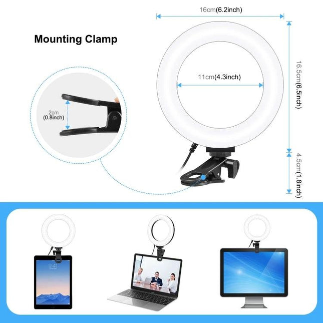 PULUZ Ring Light for Everyday Vlogging and Home Selfies - clip-on 16cm ring light with 11cm inner diameter, mounting clamp for tablets, laptops, monitors