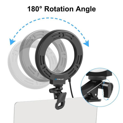 PULUZ Ring Light for Everyday Vlogging and Home Selfies showing 180° rotation and clip mount on laptop top